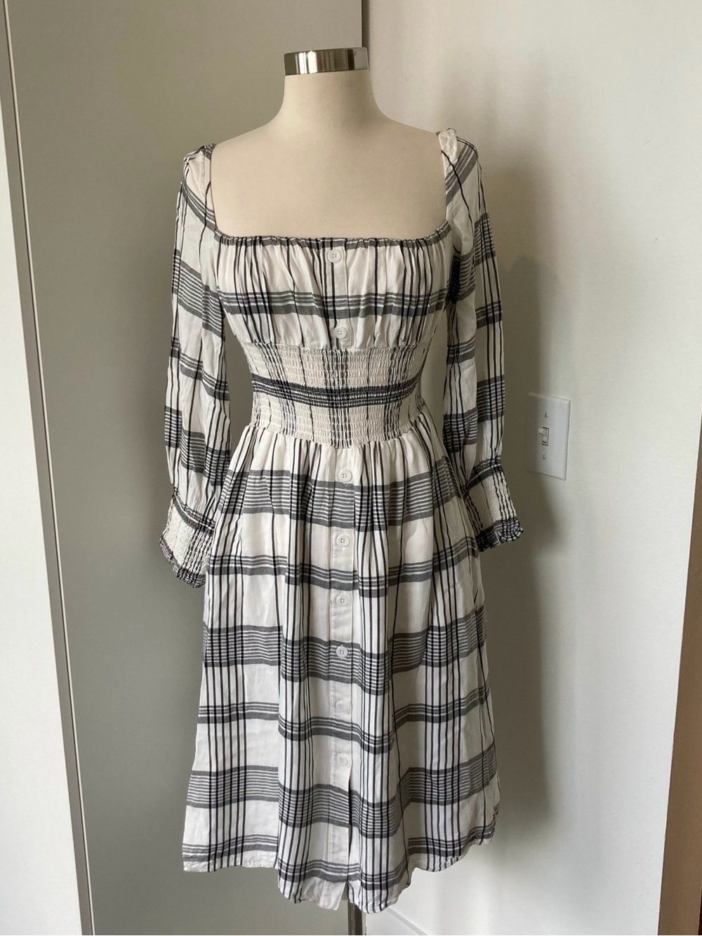 Petite Studio Black and White Plaid Smocked Midi Dress